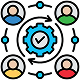 A central blue gear with a checkmark, surrounded by circular arrows and four diverse person avatars representing collaborative process management.