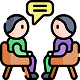 Icon of two people sitting in chairs having a conversation.