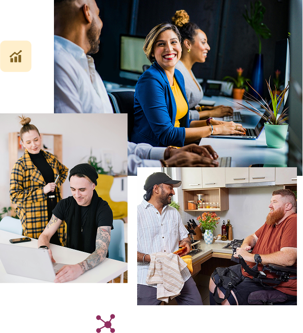 Collage of diverse teams working in offices and a kitchen.