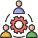 Three people collaborating around a central gear icon.