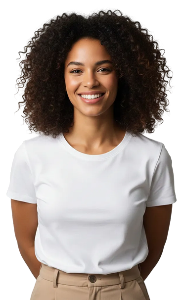A smiley girl in a white t shirt with curly hair